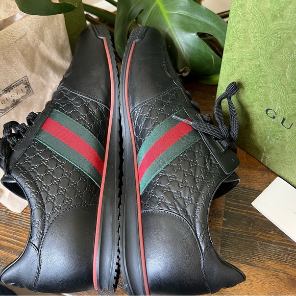 ❗️SOLD❗️GUCCI MicroGuccisima GG Web Detail  Black Leather Sneakers US14.5 - Picture 11 of 14